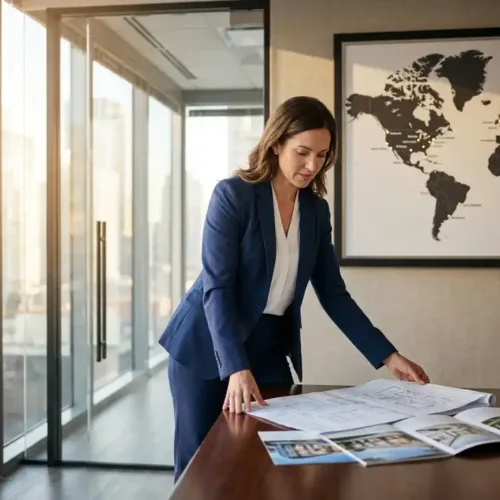 Professionele makelaar in marineblauw pak bekijkt vastgoeddocumenten aan houten bureau in modern glazen kantoor met wereldkaart