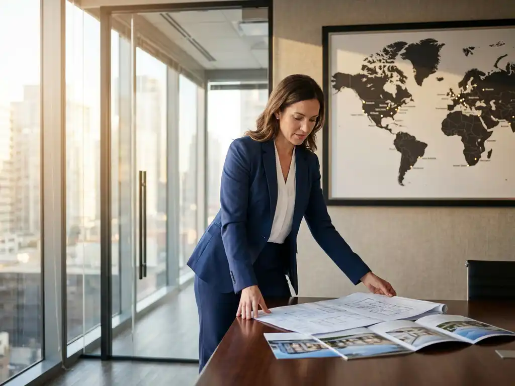 Professionele makelaar in marineblauw pak bekijkt vastgoeddocumenten aan houten bureau in modern glazen kantoor met wereldkaart