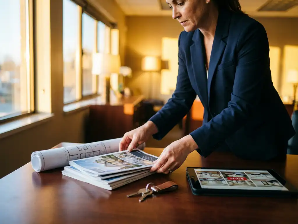Professionele makelaar in marineblauw jasje rangschikt vastgoedbrochures en plattegronden op houten bureau met huissleutels en tablet