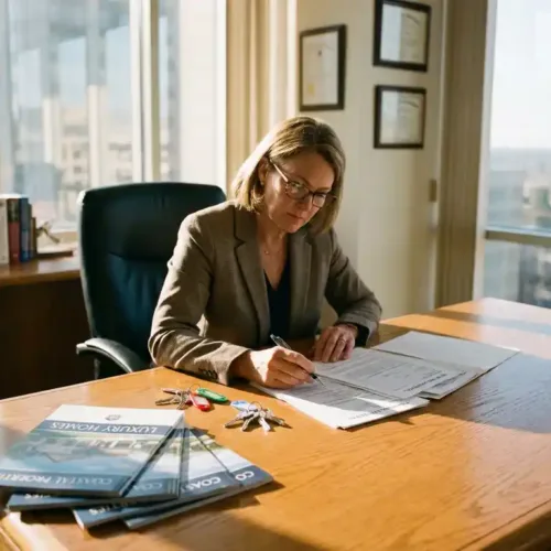 Professionele makelaar bestudeert kwalificatiedocumenten aan houten bureau met huissleutels en brochures