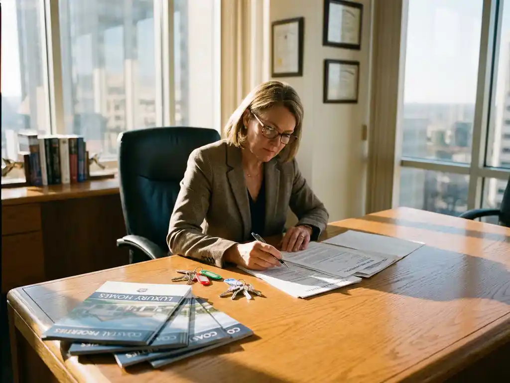 Professionele makelaar bestudeert kwalificatiedocumenten aan houten bureau met huissleutels en brochures