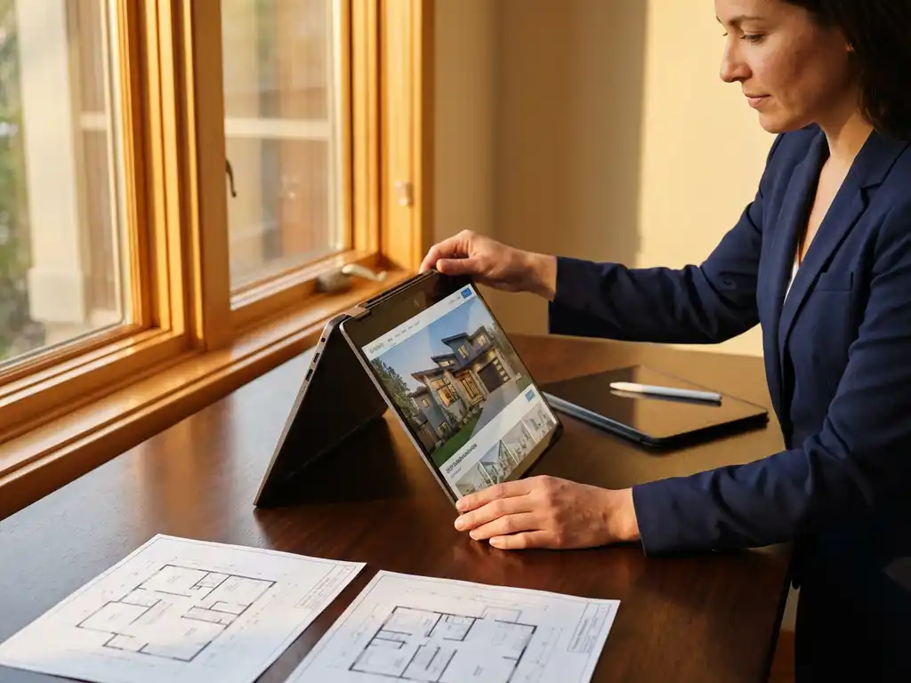 Makelaar past hoek van laptop aan met vastgoedadvertentie op houten bureau naast plattegronden en tablet