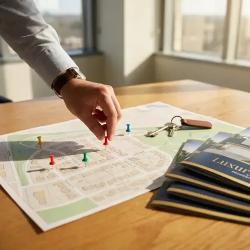Makelaar plaatst kleurrijke locatiepinnen op gedetailleerde buurtkaart met huissleutels en brochures op houten bureau