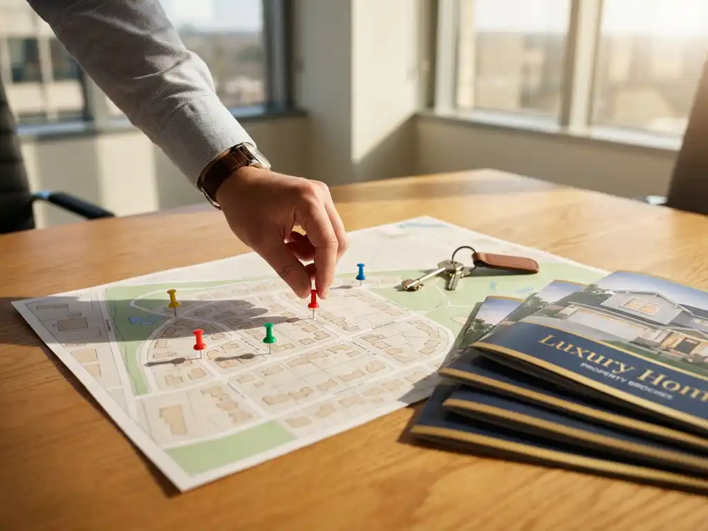 Makelaar plaatst kleurrijke locatiepinnen op gedetailleerde buurtkaart met huissleutels en brochures op houten bureau