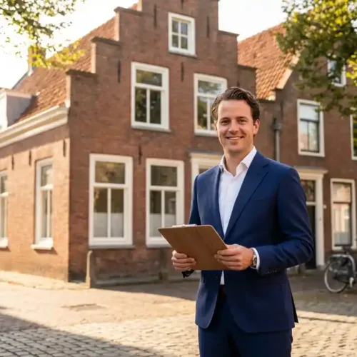 Professionele makelaar in marineblauw pak met klembord voor elegante Nederlandse bakstenen woning met witte kozijnen