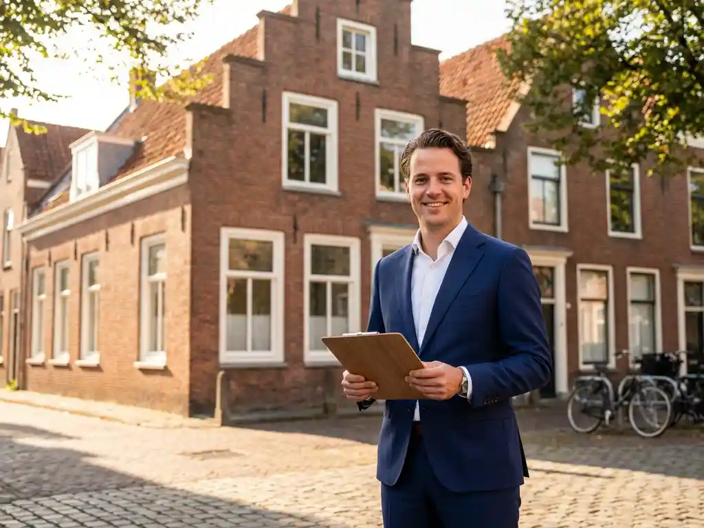 Professionele makelaar in marineblauw pak met klembord voor elegante Nederlandse bakstenen woning met witte kozijnen