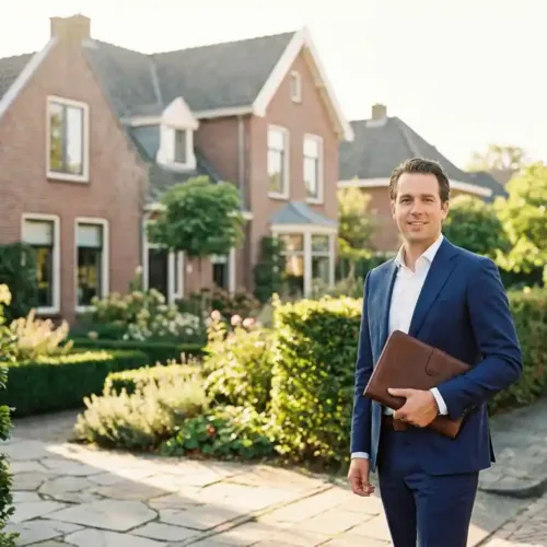 Professionele makelaar in marineblauw pak met leren portfolio voor Nederlandse bakstenen woning met grote ramen