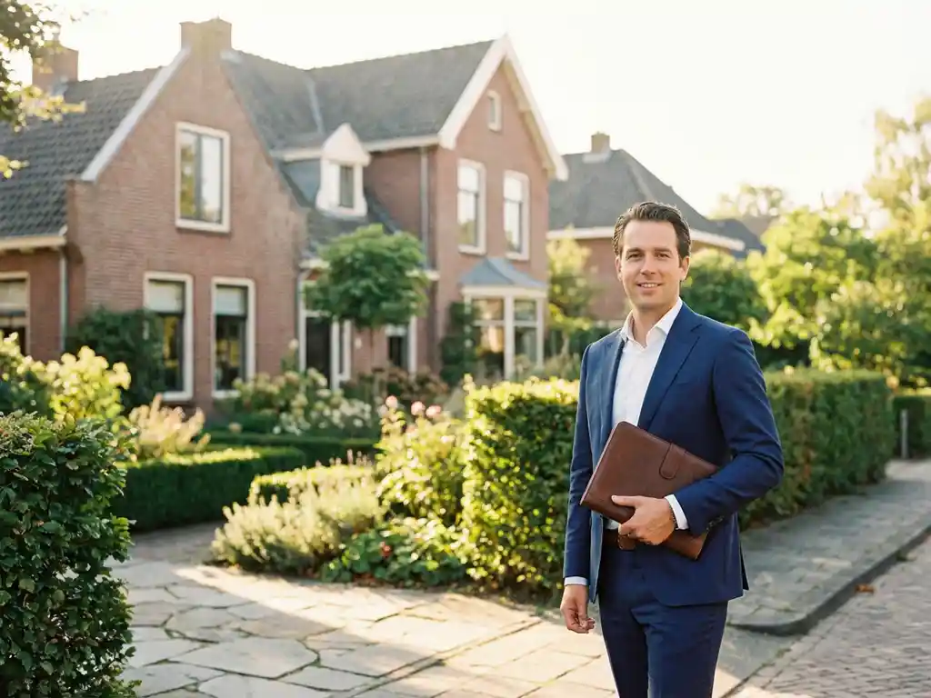 Professionele makelaar in marineblauw pak met leren portfolio voor Nederlandse bakstenen woning met grote ramen
