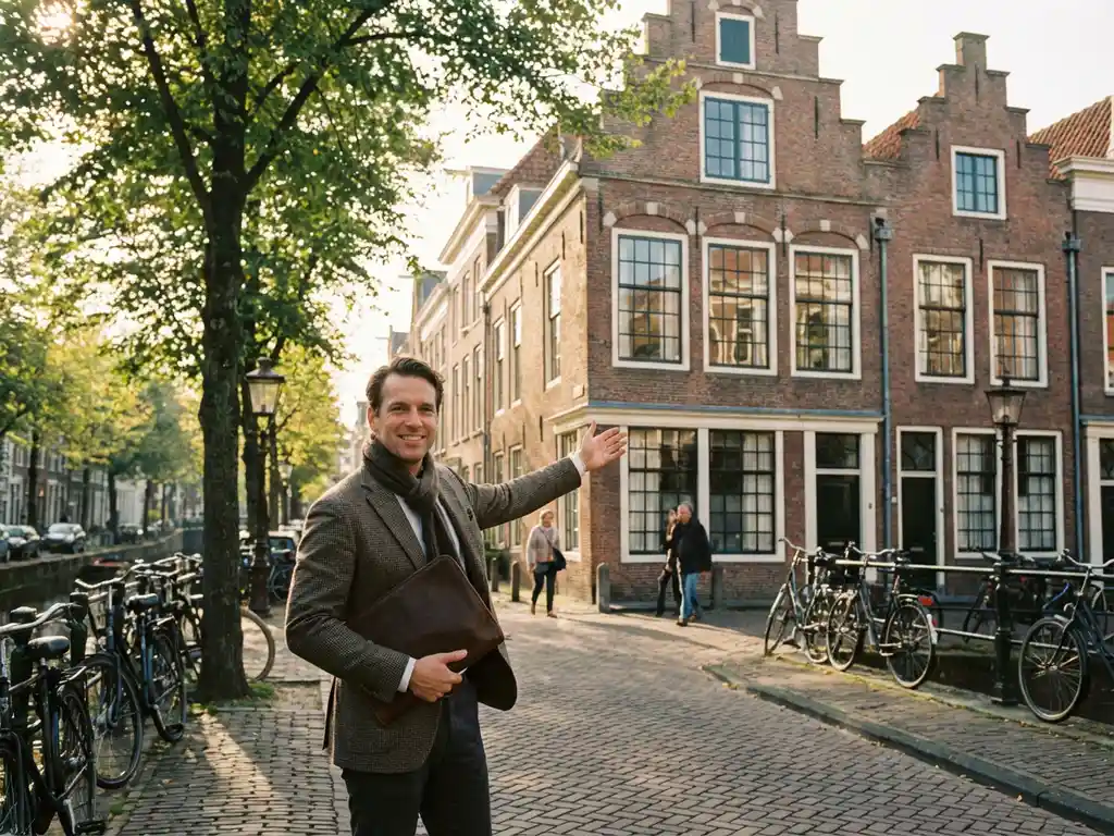 Makelaar wijst naar bakstenen herenhuis in Nederlandse woonwijk met bomen en traditionele architectuur
