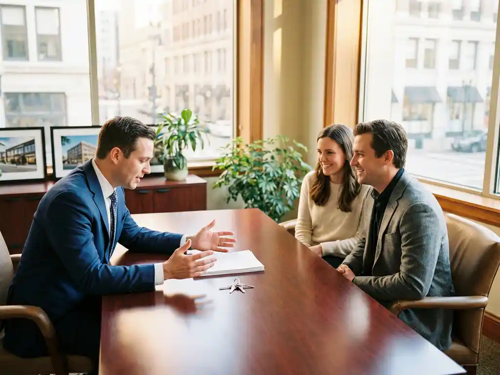 Professionele makelaar in marineblauw pak bespreekt contractdetails met stel aan mahonie conferentietafel in kantoor