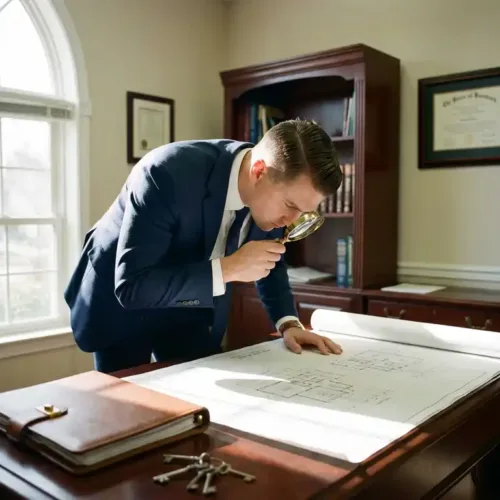 Professionele makelaar in donkerblauw pak bestudeert huisplattegrond met vergrootglas aan houten bureau in kantoor