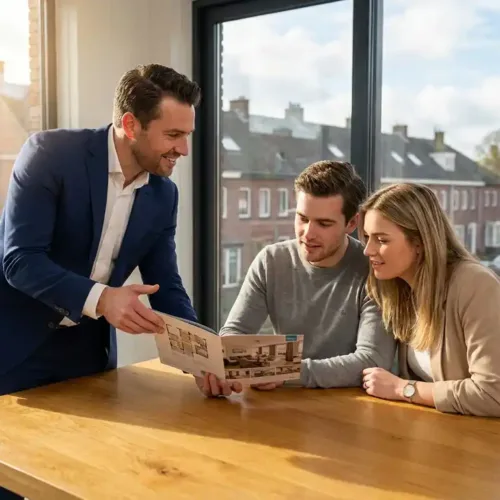 Makelaar in donkerblauw pak presenteert woningbrochure aan jong stel in moderne kantoor met uitzicht op Nederlandse straten