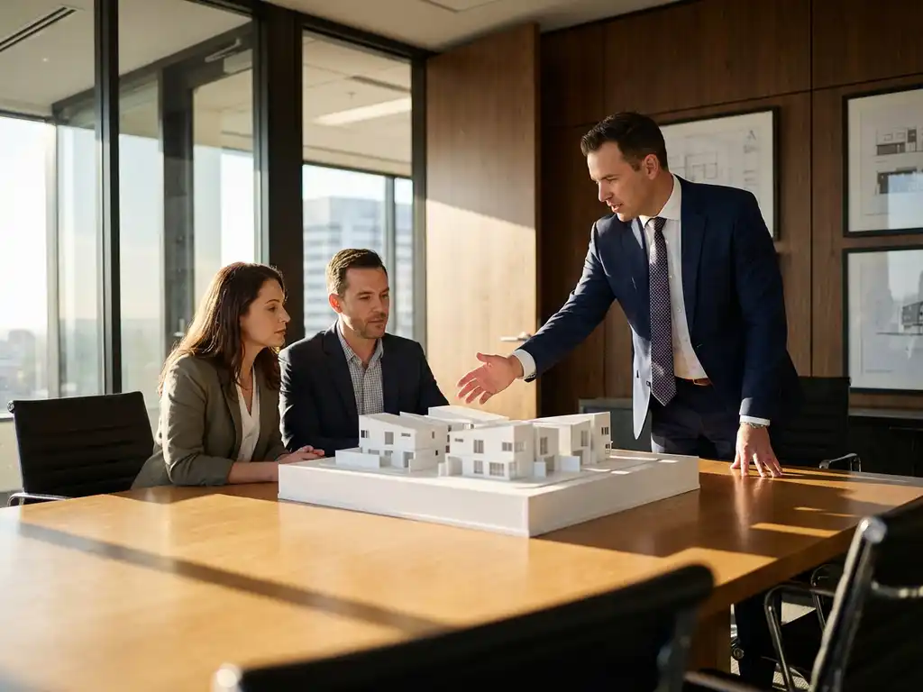 Makelaar in marineblauw pak toont architectuurmodel van moderne woningen aan geïnteresseerd stel in kantoor