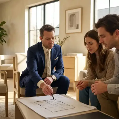 Makelaar in marineblauw pak toont plattegrond aan jong stel in moderne woonkamer met warm zonlicht