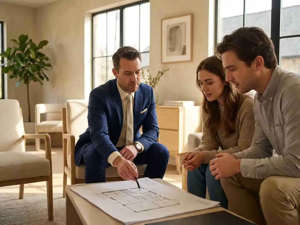 Makelaar in marineblauw pak toont plattegrond aan jong stel in moderne woonkamer met warm zonlicht