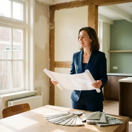 Makelaar in marineblauw pak houdt renovatietekeningen vast in licht Nederlands interieur met verfstalen op houten tafel