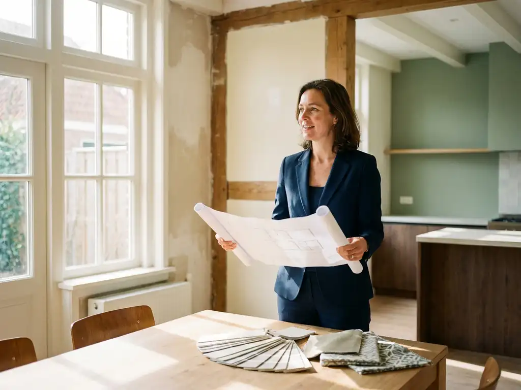 Makelaar in marineblauw pak houdt renovatietekeningen vast in licht Nederlands interieur met verfstalen op houten tafel