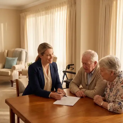 Professionele makelaar bespreekt documenten met ouder echtpaar aan houten eettafel in seniorvriendelijke woning