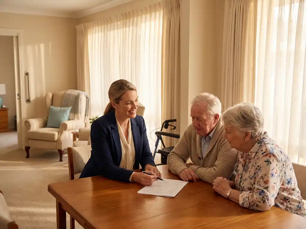 Professionele makelaar bespreekt documenten met ouder echtpaar aan houten eettafel in seniorvriendelijke woning