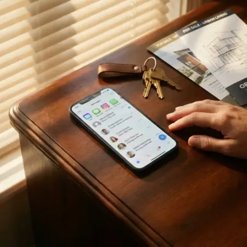 Smartphone met actieve berichtgesprekken naast huissleutels en makelaarsbrochures op houten bureau in warm zonlicht