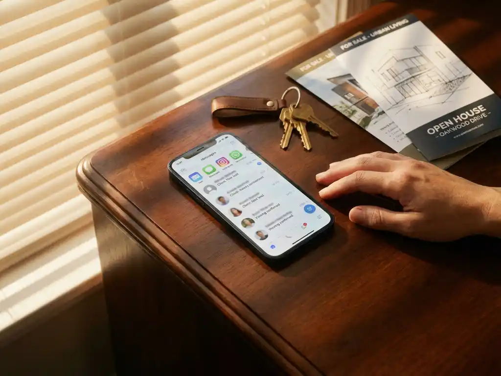 Smartphone met actieve berichtgesprekken naast huissleutels en makelaarsbrochures op houten bureau in warm zonlicht