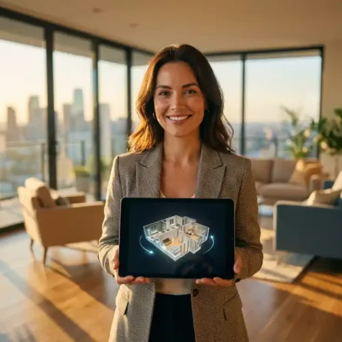 Makelaar toont 3D huistour op tablet in moderne woonkamer met vloer-tot-plafond ramen en natuurlijk licht
