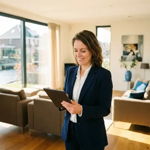 Professionele makelaar met tablet in lichte woonkamer van moderne Nederlandse woning met hardhouten vloeren
