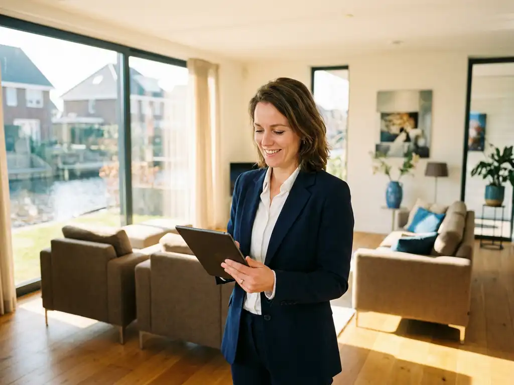 Professionele makelaar met tablet in lichte woonkamer van moderne Nederlandse woning met hardhouten vloeren