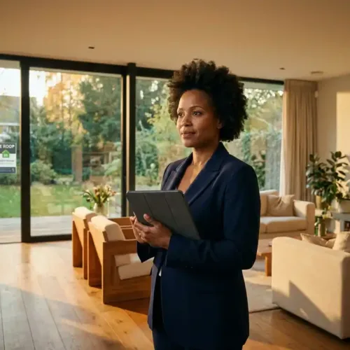 Professionele makelaar met tablet in moderne woonkamer met hardhouten vloer en Te Koop bord in tuin