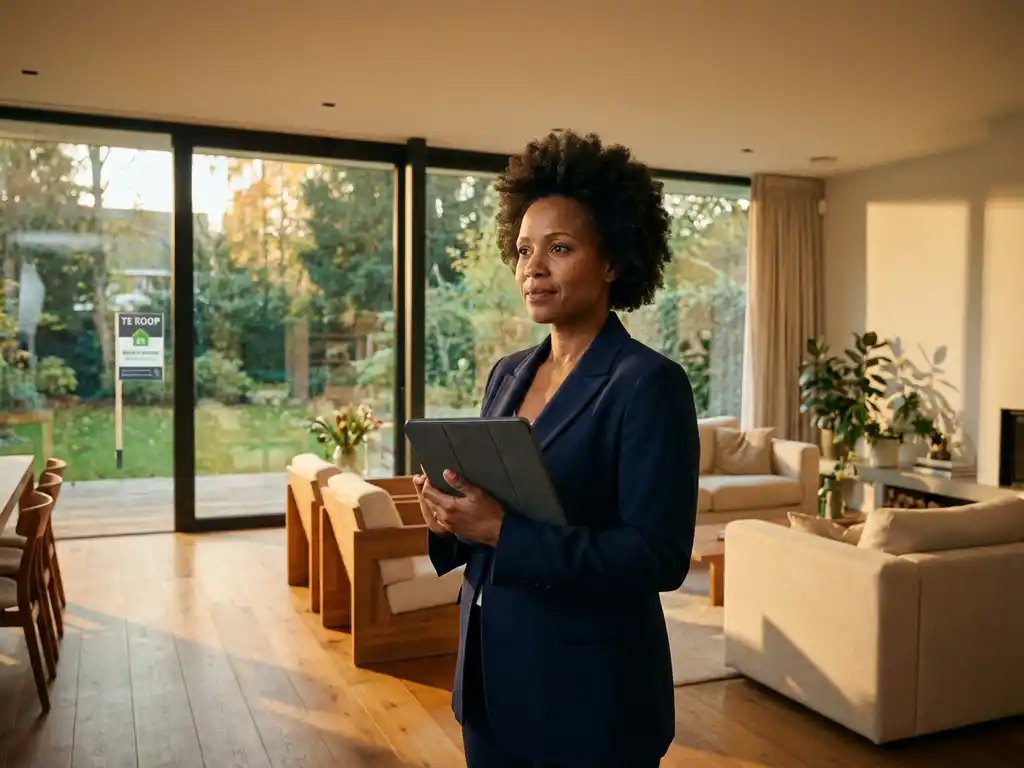Professionele makelaar met tablet in moderne woonkamer met hardhouten vloer en Te Koop bord in tuin