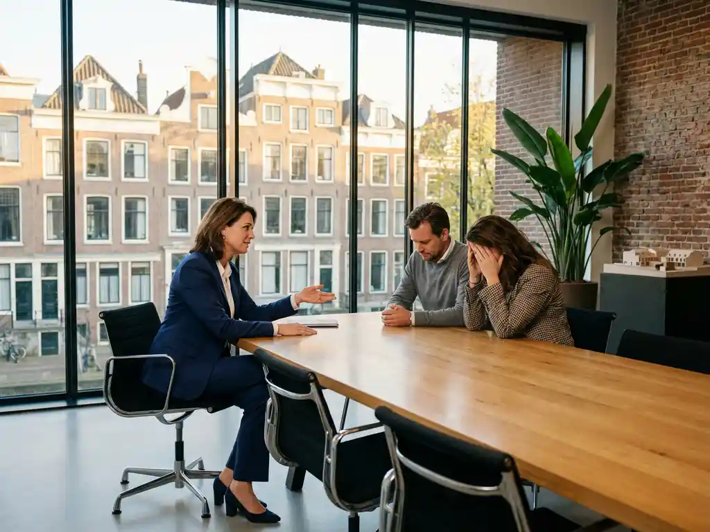 Makelaar in donkerblauw pak legt teleurgestelde klanten volgende stappen uit aan houten vergadertafel in modern kantoor