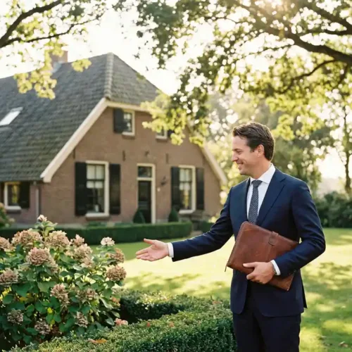Professionele makelaar in marineblauw pak staat zelfverzekerd in weelderige tuin naast charmant Nederlands familiehuis