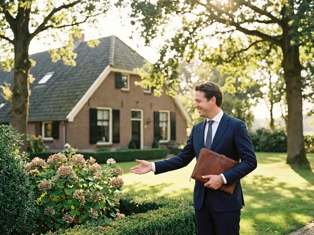 Professionele makelaar in marineblauw pak staat zelfverzekerd in weelderige tuin naast charmant Nederlands familiehuis
