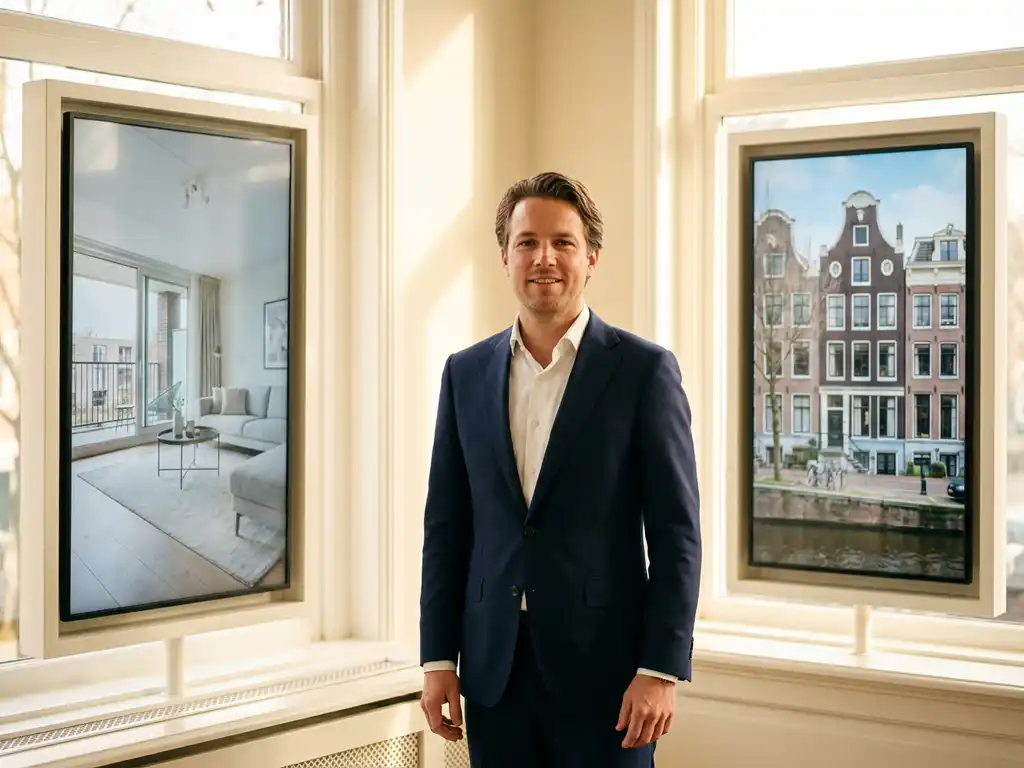 Professionele makelaar in marineblauw pak tussen moderne appartement- en klassieke grachtenpand displays in kantoor