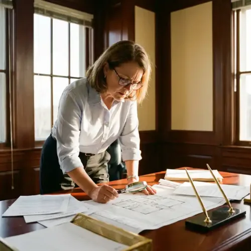 Makelaar bestudeert eigendomsdocumenten met vergrootglas op houten bureau, warme middag licht door kantoorvensters