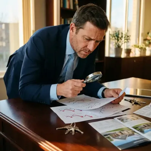 Professionele makelaar in marineblauw pak bestudeert vastgoedgrafieken met dalende pijlen op houten bureau met huissleutels