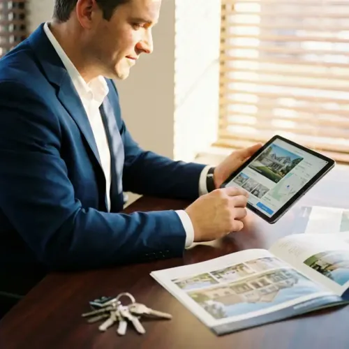 Makelaar in marineblauw pak bekijkt woningaanbiedingen op tablet aan bureau met huisbrochures en sleutels