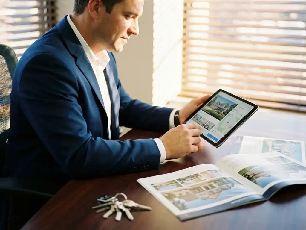 Makelaar in marineblauw pak bekijkt woningaanbiedingen op tablet aan bureau met huisbrochures en sleutels