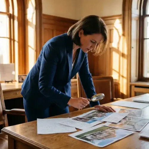 Professionele makelaar in marineblauw pak vergelijkt woningprijzen met vergrootglas aan houten bureau bij raam