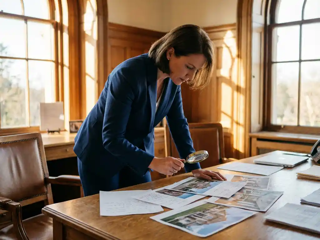 Professionele makelaar in marineblauw pak vergelijkt woningprijzen met vergrootglas aan houten bureau bij raam