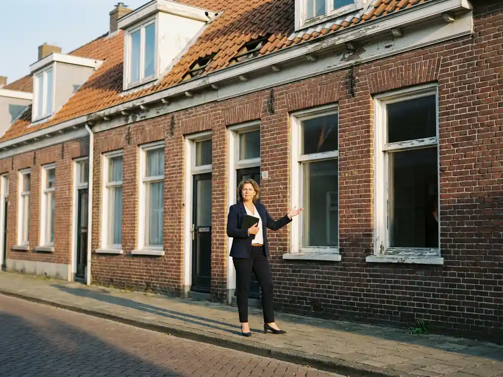 Vastgoedmakelaar in donkerblauw jasje wijst naar verweerd rijtjeshuis met afbladderende witte verf en ontbrekende dakpannen