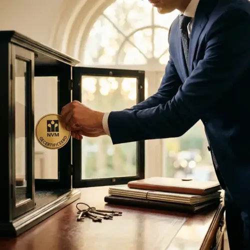 Professionele makelaar in marineblauw pak plaatst gouden NVM-certificaat in houten vitrine naast huissleutels en documenten
