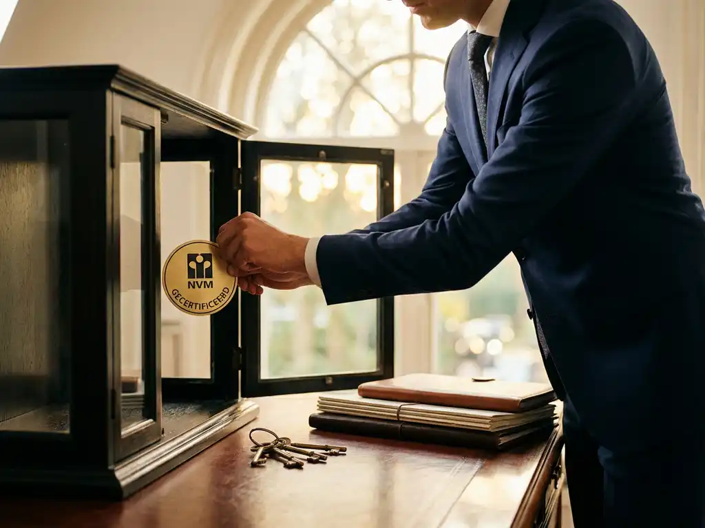 Professionele makelaar in marineblauw pak plaatst gouden NVM-certificaat in houten vitrine naast huissleutels en documenten