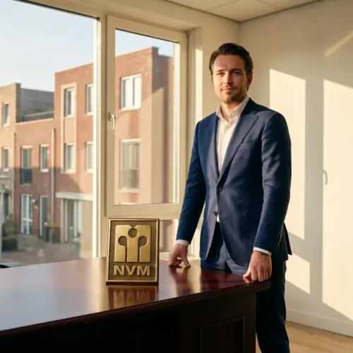 Professionele makelaar in marineblauw pak naast mahonie bureau met NVM-certificaat, Nederlandse herenhuizen zichtbaar door raam