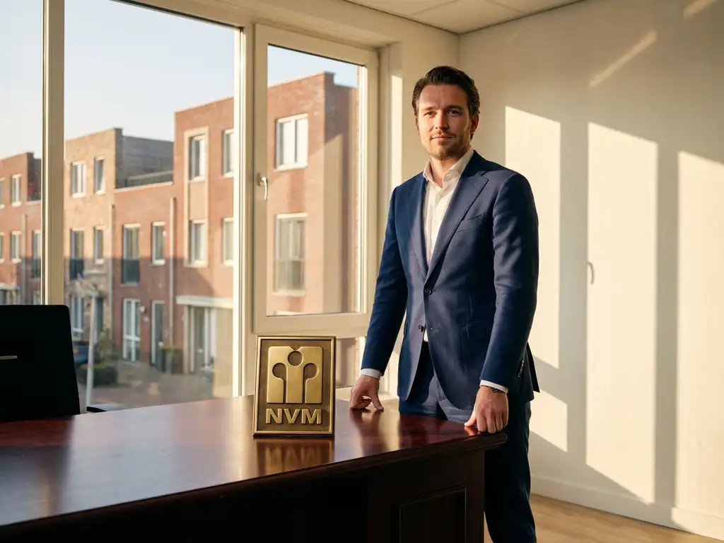 Professionele makelaar in marineblauw pak naast mahonie bureau met NVM-certificaat, Nederlandse herenhuizen zichtbaar door raam
