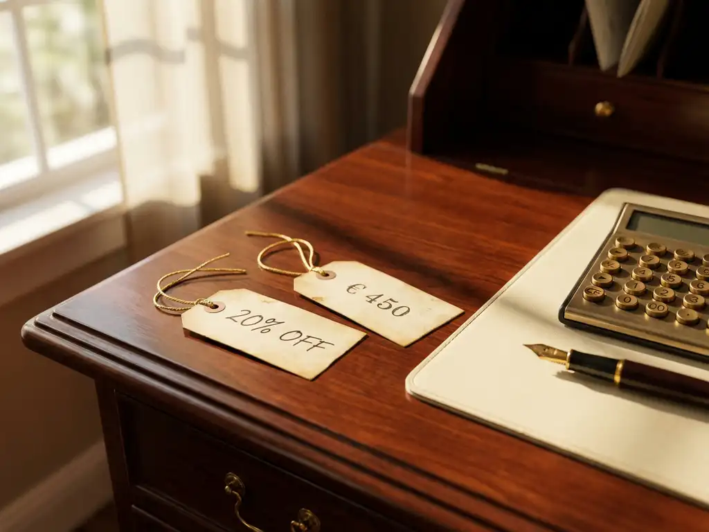 Houten bureau met twee prijskaartjes, rekenmachine en vulpen in warm natuurlijk licht