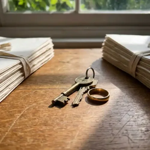 Huissleutels en trouwring op houten tafel tussen stapels juridische documenten in natuurlijk licht