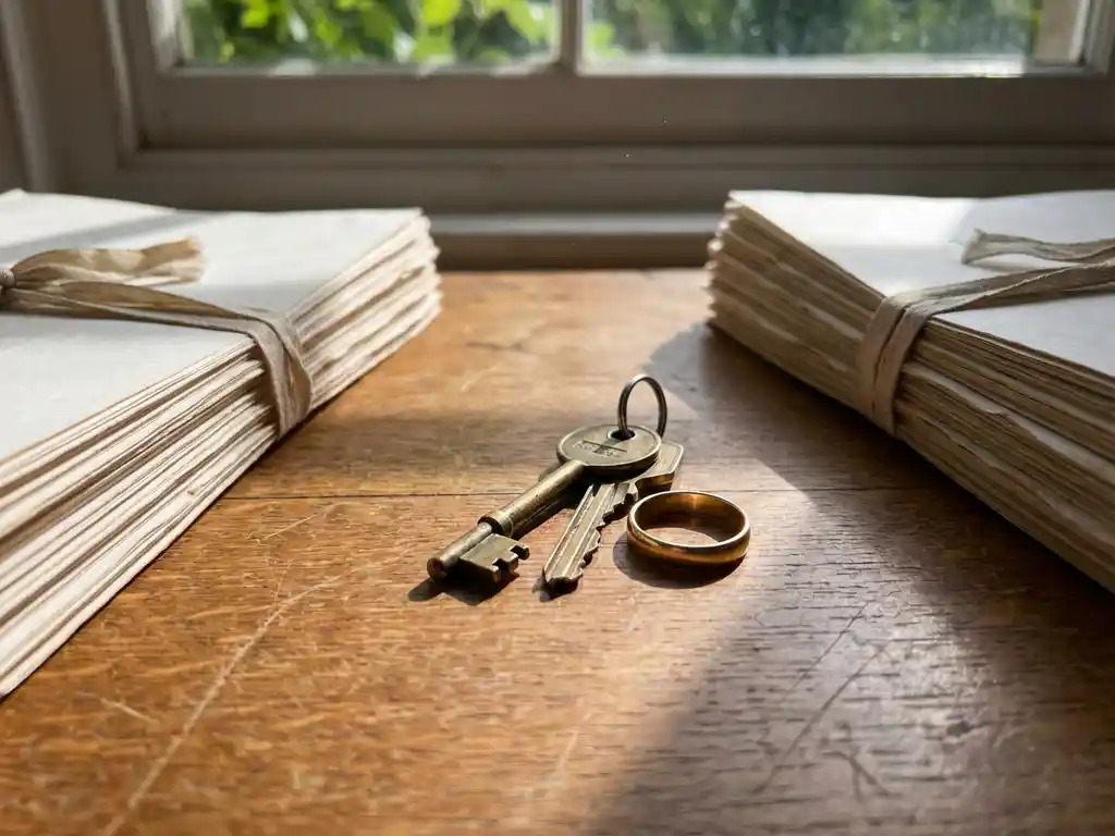 Huissleutels en trouwring op houten tafel tussen stapels juridische documenten in natuurlijk licht