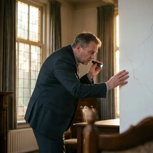 Makelaar in donker pak onderzoekt muurscheuren met zaklamp in elegant Nederlands huis bij warm middaglicht