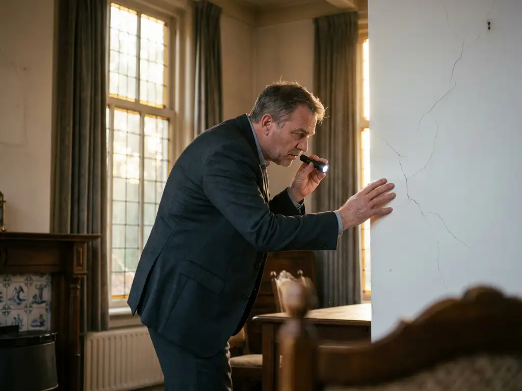 Makelaar in donker pak onderzoekt muurscheuren met zaklamp in elegant Nederlands huis bij warm middaglicht